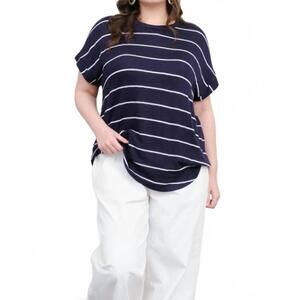 NEW PERCH BY BLU PEPPER stripe round neck short cuff sleeve knit top - plus in n